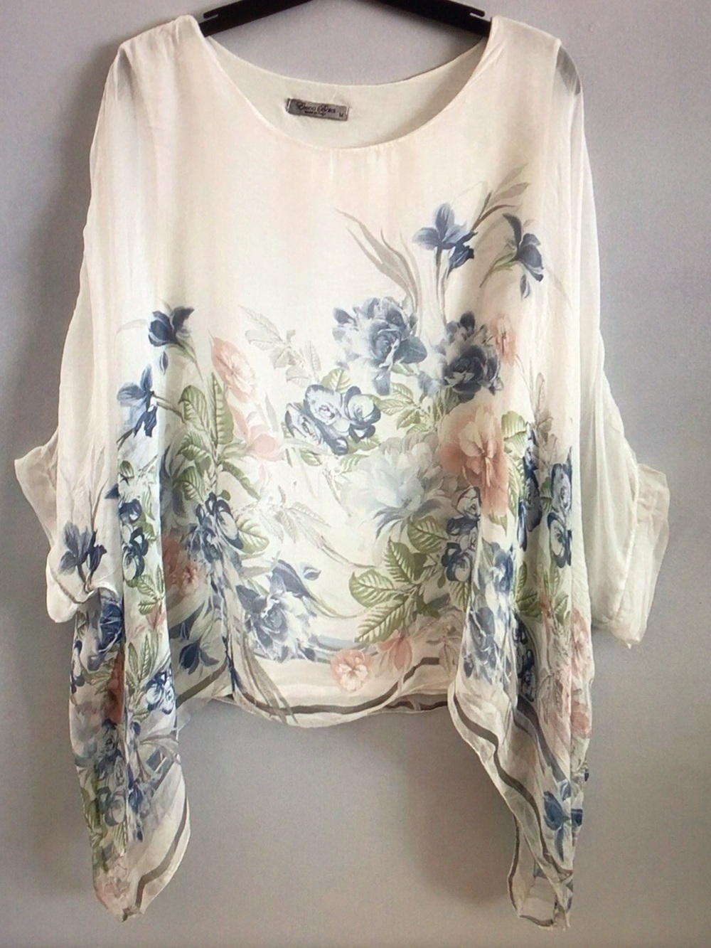 Elena Baldi White Floral Chiffon Tunic Top with Blue & Green Print